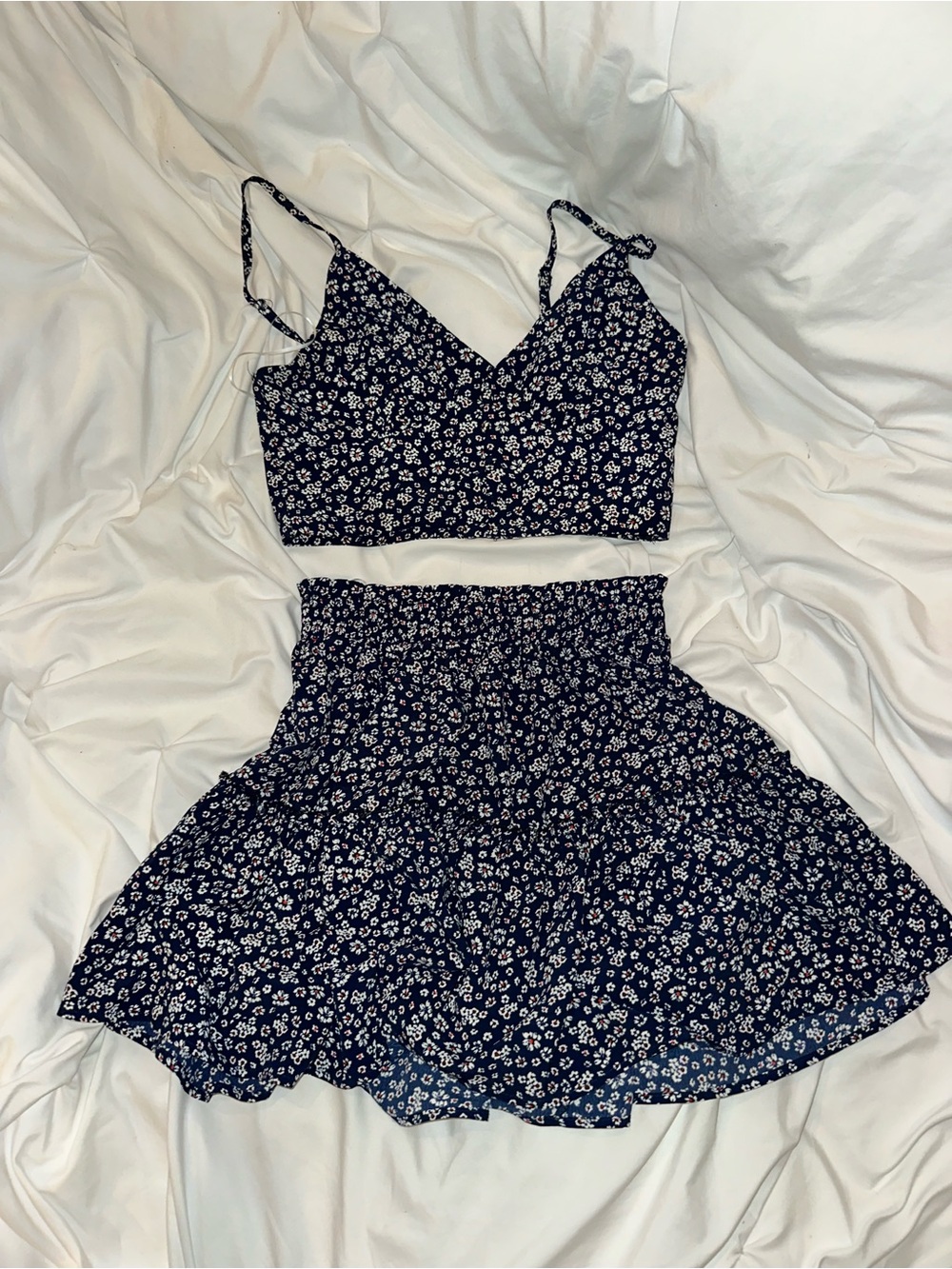 Princess Polly Navy Floral Smocked Waist Mini Skirt and Tank Top Set